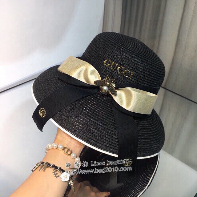 Gucci爆款女士帽子 古馳蜜蜂真絲織帶珍珠盆帽遮陽帽 Gucci草帽漁夫帽  mm1235
